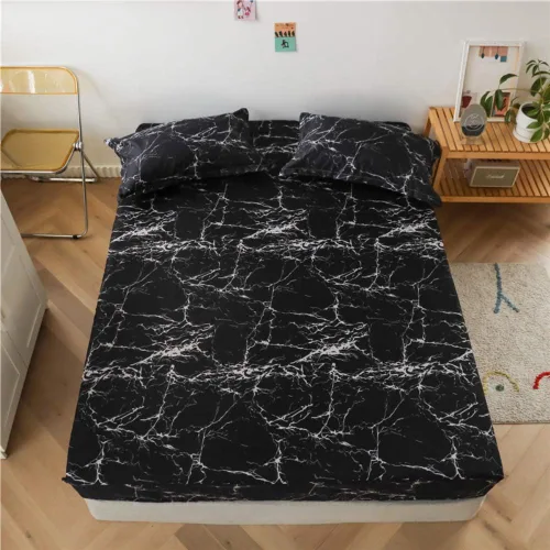 Vista 7 de Juego de sábanas bajeras con estampado de mármol, tamaño individual, elegante, de lujo, color negro, para niños, adolescentes, adultos, decoración