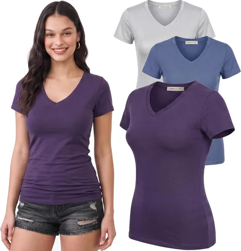 Vista 183 de Emmalise Camiseta de manga corta para mujer, cuello en V, tallas junior y plus
