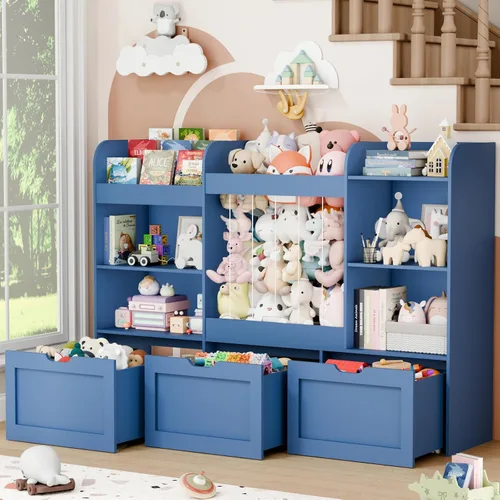 Vista 5 de Organizador de juguetes para niños de 61 pulgadas de ancho con almacenamiento de animales de peluche, estantería Montessori con 4 compartimentos