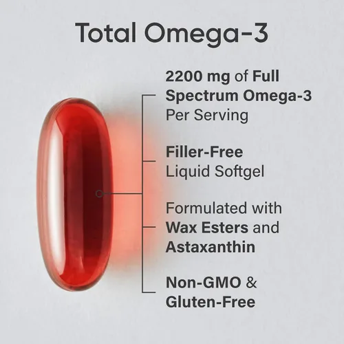 Vista 2 de Sports Research Total Omega-3 Aceite de pescado 2200 mg – Hecho de krill antártico con astaxantina, salmón salvaje y abadejo de Alaska – 960 mg