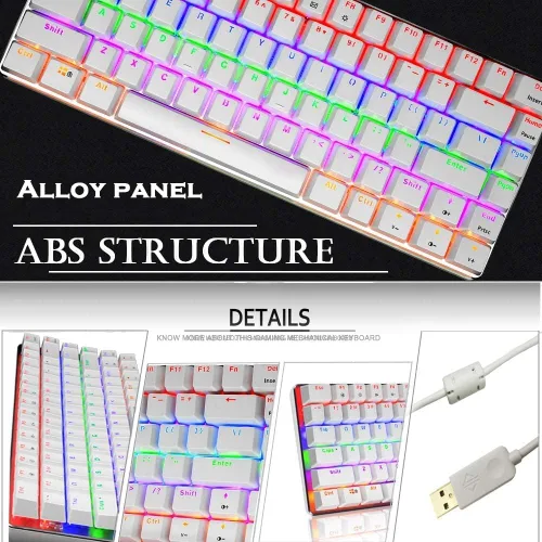 Vista 2 de Teclado mecánico para juegos con cable USB de metal mecánico azul teclado para juegos de computadora con retroiluminación LED arcoíris