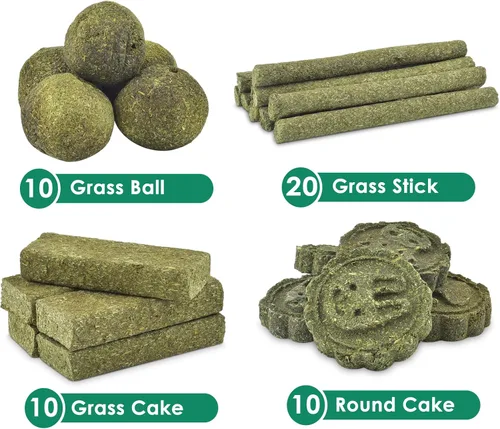 Vista 3 de ERKOON 50 juguetes masticables de conejo, 100% naturales Timothy heno galleta y palitos de golosinas, juguete masticable para dientes para conejo