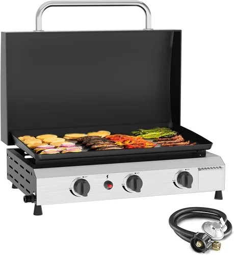 Vista 10 de SKOK Parrilla de gas de 3 quemadores con campana, parrilla de propano para exteriores de 25.6 pulgadas, parrilla de gas portátil con parte superior