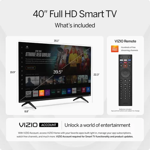 Vista 2 de VIZIO Smart TV Full HD 1080p de 40 pulgadas con DTS Virtual: X, compatibilidad con Alexa, Chromecast integrado, compatible con auriculares Bluetooth