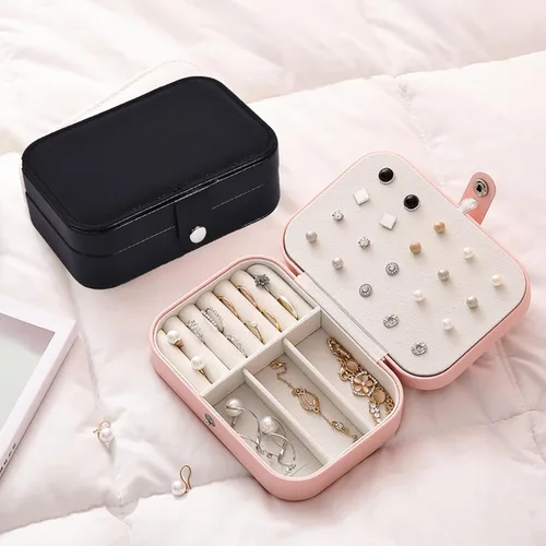 Vista 7 de Organizador de joyas, organizador de joyas de viaje, de piel sintética, portátil, caja de almacenamiento de joyas para mujeres y niñas, aretes