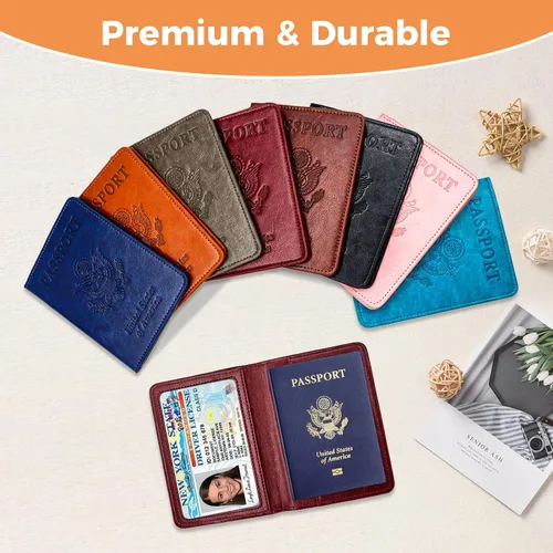 Vista 6 de Soporte para pasaporte para artículos esenciales de viaje, con bloqueo RFID, funda para tarjetas, funda de piel sintética para pasaporte