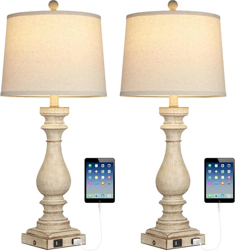 Vista 10 de Rinweey - Lámpara de mesa de granja de 29" para sala de estar, lámpara de mesita de noche vintage con puertos USB C+A y salida de AC, lámpara