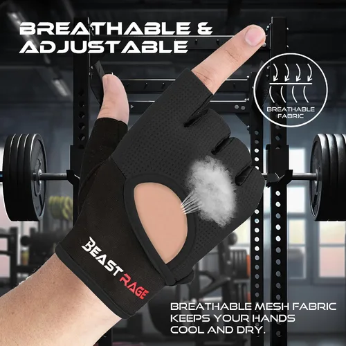 Vista 2 de BEAST RAGE Guantes de entrenamiento para hombres y mujeres, guantes de gimnasio sin dedos con protección de la palma, transpirables y ligeros