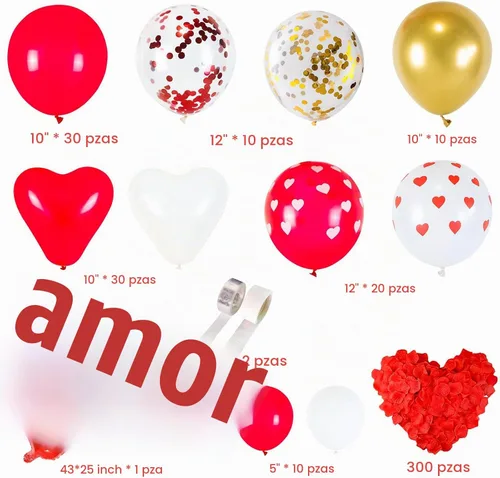 Vista 4 de Kit de guirnalda de arco de globos para el día de San Valentín, globos de corazón de confeti rojo y blanco con globo de amor de 40 pulgadas, 300