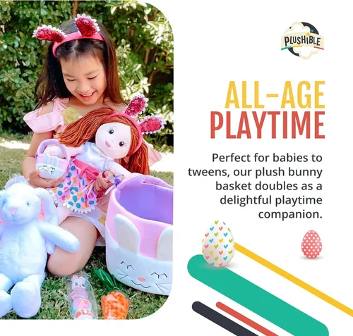 Vista 4 de Cesta de Pascua de conejo de peluche para la primera Pascua del bebé, bolsa de regalo bordada suave para bebé niña o niño, adorable diseño de conejo
