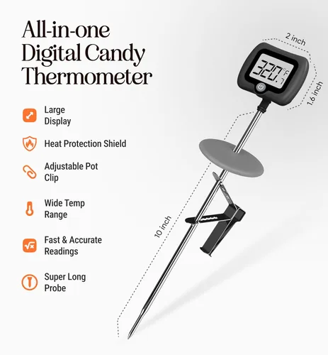 Vista 3 de Termómetro digital de dulces con clip para olla, sonda de acero inoxidable de 10 pulgadas de largo, termómetro de cocina de lectura instantánea