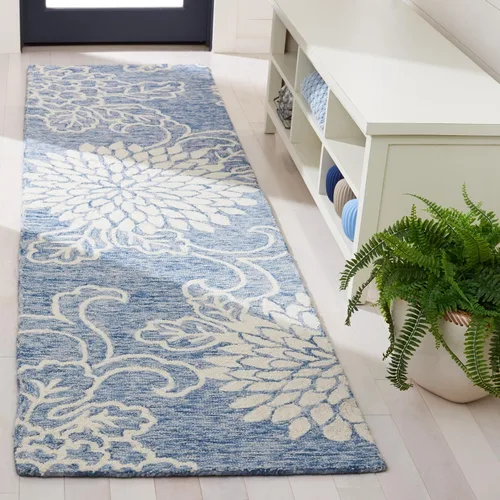 Vista 2 de SAFAVIEH Jardin Collection Alfombra de pasillo, 2 pies 3 pulgadas x 9 pies, azul y marfil, lana floral hecha a mano, ideal para zonas de alto