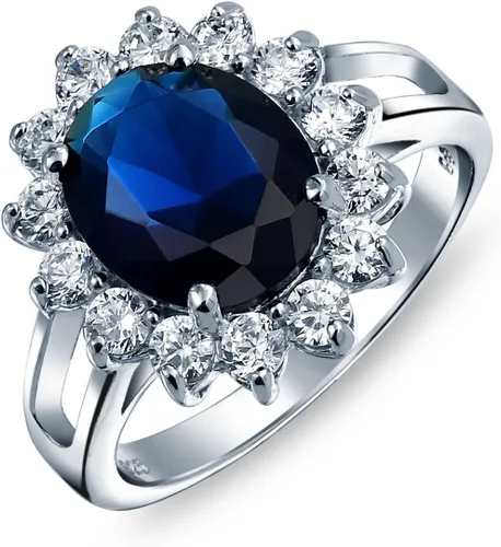 Vista 18 de Anillo de compromiso de plata de ley 925 personalizable con halo de corona ovalada de 5 a 7 quilates con circonita cúbica simulada de zafiro azul
