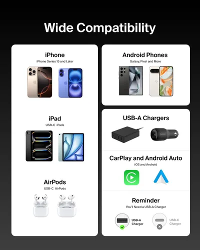 Vista 4 de Belkin Cable USB A a USB C, 3.3 pies, 15 W, cargador tipo C, cable de carga para iPhone, suave, trenzado, flexible para iPhone 17 y 16, Galaxy S25