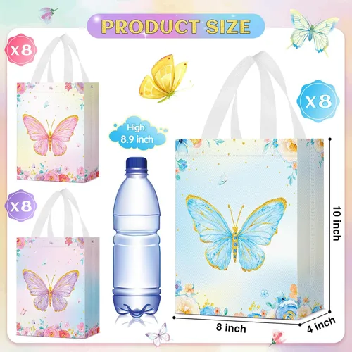 Vista 2 de Locmeo 24 bolsas de favor de fiesta de mariposa con asas, reutilizables, no tejidas, bolsas de dulces de mariposa rosa, azul y morado, bolsa