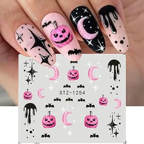 Vista 4 de Calcomanías de arte de uñas de Halloween, calcomanías de transferencia de agua, 12 unidades, calabaza, esqueleto, araña, fantasma, hoja de arce