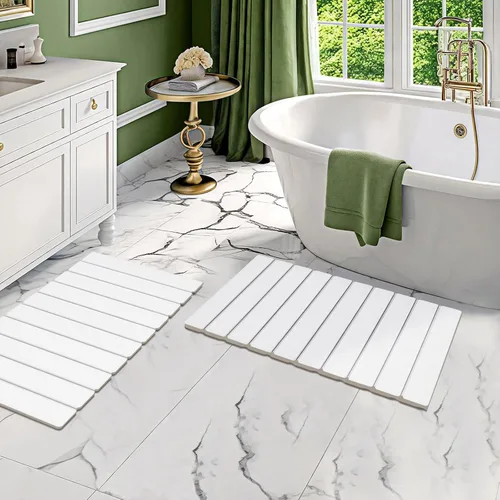 Vista 10 de Paquete de 1 tapete de baño plegable de piedra para baño, tapete de baño gris súper absorbente de tierra de diatomeas, alfombra de ducha