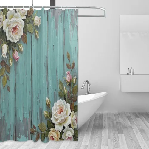 Vista 52 de MNSRUU Fabric Shower Curtain, Flowers and Butterflies Pink Waterproof Polyester Curtains with Hooks for Home Bathroom Decorative