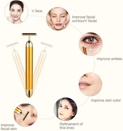 Vista 5 de Beauty Bar - Rodillo masajeador facial de oro de 24 quilates, rodillo 3D eléctrico 2 en 1 y barra de belleza energética en forma de T