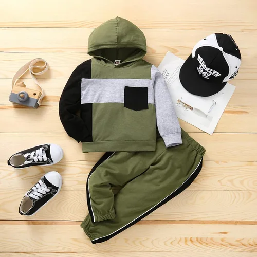Vista 2 de itkidboy Conjunto de 2 piezas de ropa de bebé niño con capucha y sudadera con bloques de color + pantalones