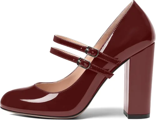 Vista 2 de SHOWFOREST Zapatos de tacón alto con correa ajustable y puntera redonda para mujer, de 4 pulgadas