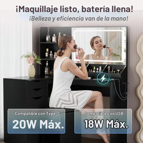 Vista 4 de Furmax Escritorio de tocador con espejo, tocador en forma de L, espejo iluminado con LED, con toma de corriente y 3 estantes de almacenamiento, mesa