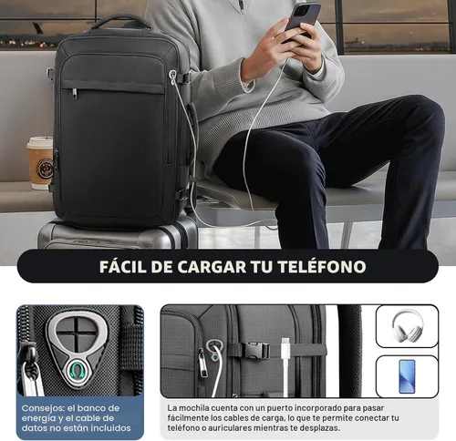 Vista 6 de Mochila de transporte para viajes de 1 a 10 días, mochila de viaje extra grande de 40L-50L aprobada por la TSA, bolsa expandible para laptop, bolsa
