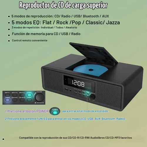 Vista 4 de Sistema estéreo compacto con reproductor de CD, Bluetooth, reloj de alarma dual, radio FM, sonido claro de 20W RMS, entrada USB/AUX, función de Negro