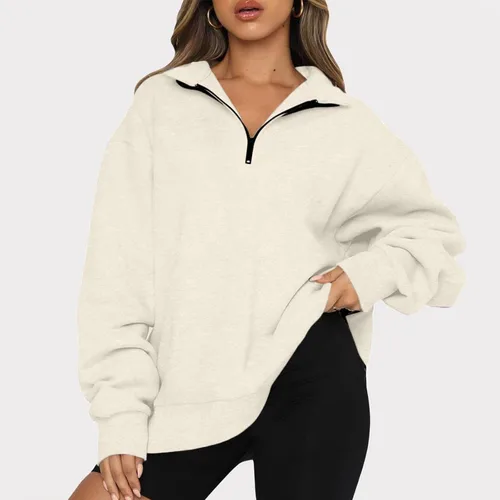 Vista 2 de Bidobibo Sudadera de manga larga con cremallera de un cuarto para mujer, sudadera lisa de moda para otoño