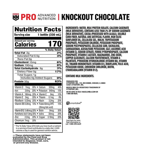 Vista 2 de Muscle Milk Pro Advanced Nutrition - Batido de proteínas, chocolate Knockout, botella de 11.16 onzas líquidas, paquete de 12, 1.13 oz de proteína