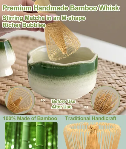 Vista 4 de JBER Juego de matcha, 7 piezas de batidor de cerámica Matcha para ceremonia Gradiente Verde