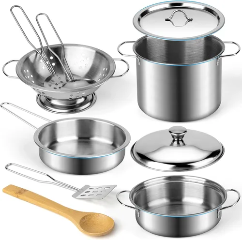Vista 3 de Juboury Juego de juguetes de cocina con utensilios de cocina de acero inoxidable, utensilios de cocina, delantal y sombrero de chef, cortar verduras