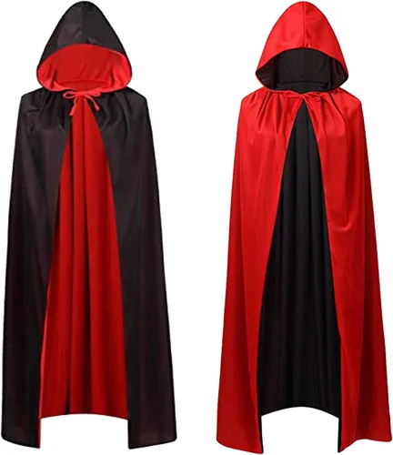 Vista 8 de Disfraz de capa reversible con cuello alto y capucha, color negro y rojo