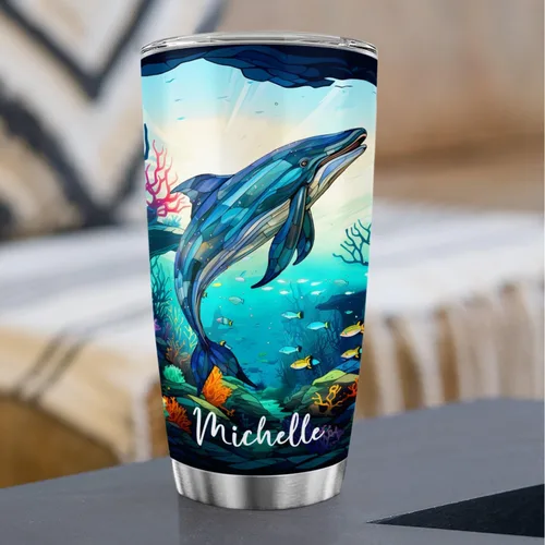Vista 4 de Vaso de ballena azul con tapa, taza de viaje de acero inoxidable de 20 onzas, vasos personalizados de ballena, regalos temáticos del océano azul