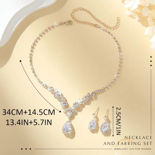 Vista 5 de Unicra Juego de collar y aretes de novia de plata para novia, juego de joyas de boda con diamantes de imitación para mujeres y novias