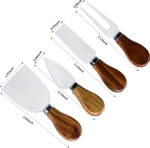 Vista 5 de Juego de 4 Piezas de Cuchillos para Queso - Cuchillos para Queso de Acero Inoxidable con Mango de Madera de Acacia - Juego de Cuchillos