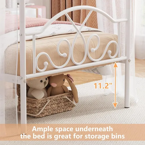 Vista 6 de Weehom - Estructura de cama con dosel individual, con cabecero y pie de cama, cortinas de cuatro postes de metal, diseño de plataforma de cama