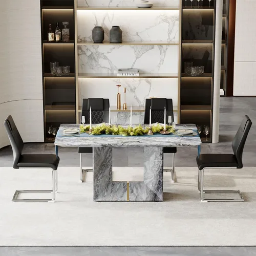 Vista 2 de Juego de mesa de comedor para 4, juego de mesa de comedor de 5 piezas con sillas, mesa moderna de mármol sintético de 63 pulgadas con 4 sillas