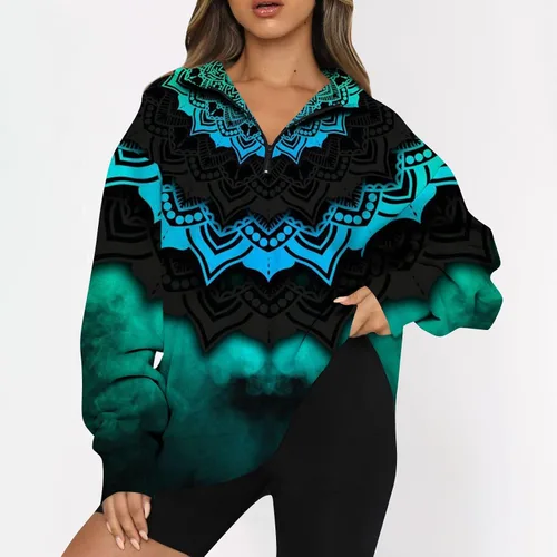 Vista 5 de Sudadera con capucha para mujer, de manga larga, con cremallera, holgada, casual, de gran tamaño, túnica casual con estampado de otoño