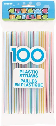 Vista 2 de Unique Pajitas de plástico flexibles a rayas de colores 50 unidades, surtido de 50 unidades - Bolsa