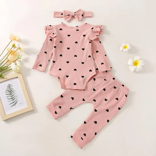 Vista 3 de Ropa para bebé recién nacida, para otoño e invierno, acanalada, con volantes, manga larga, conjunto de 3 piezas, 0 a 18 meses