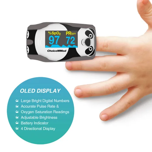 Vista 4 de CHOICEMMED OLED Panda Pulsioxímetro Pediátrico de Dedo – Oxímetro de Pulso SP02 para Niños – Monitor de Saturación de Oxígeno en Sangre para Niños