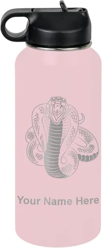 Vista 41 de LaserGram Botella de agua personalizada, serpiente de cobra, acero inoxidable de doble pared aislada al vacío con popote superior, regalo grabado