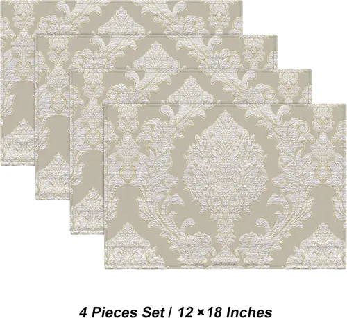 Vista 3 de Loom and Mill Juego de 4 Manteles Individuales de Damasco de Lujo, Manteles Individuales de Mesa Jacquard Beige Antideslizantes para Hogar Cocina