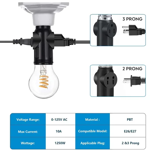 Vista 3 de 2 adaptadores de enchufe de luz de 3 clavijas, convertidor de enchufe de bombilla negra polarizada, bombillas E26/E27 a enchufe de 2/3 clavijas