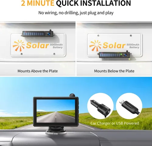 Vista 3 de Cámara solar inalámbrica de respaldo para automóvil, monitor HD 1080P de 5 pulgadas, instalación de 3 minutos, batería de 5,000 mAh con 2 canales IR