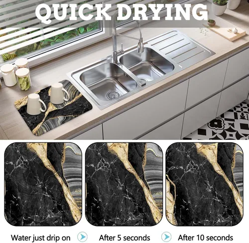 Vista 2 de MCALK Tapete de secado de platos negro mármol para encimera de cocina, almohadilla de secado de platos dorada con base de goma antideslizante