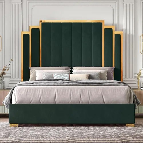 Vista 7 de HOWE Base de cama tapizada tamaño Queen de 61 pulgadas con borde chapado en Negro