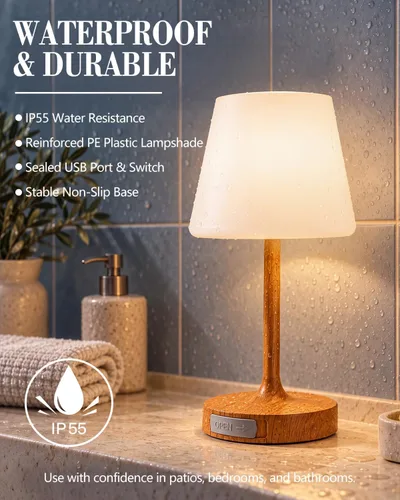 Vista 8 de GEEZO Lámpara de ducha IP55 impermeable, pequeña lámpara de mesa recargable inalámbrica de 5000 mAh, funciona con pilas, lámpara táctil regulable