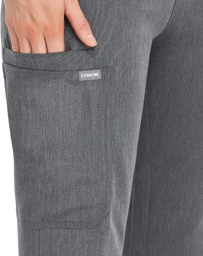 Vista 5 de COMENII Pantalones médicos para mujer, pantalones de tiro medio de pierna recta con cintura de yoga de punto, pantalones quirúrgicos antiarrugas